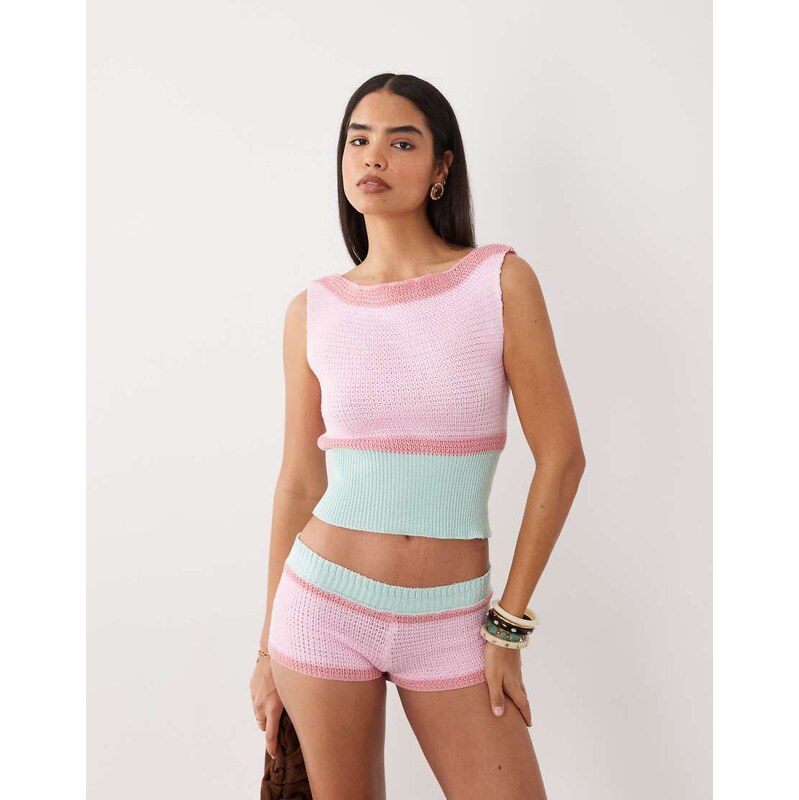 Kiwi & Co knitted bardot colourblock top co-ord in pink &