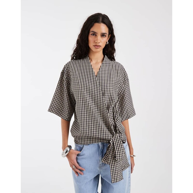 & Other Stories wrap top in blue and brown check