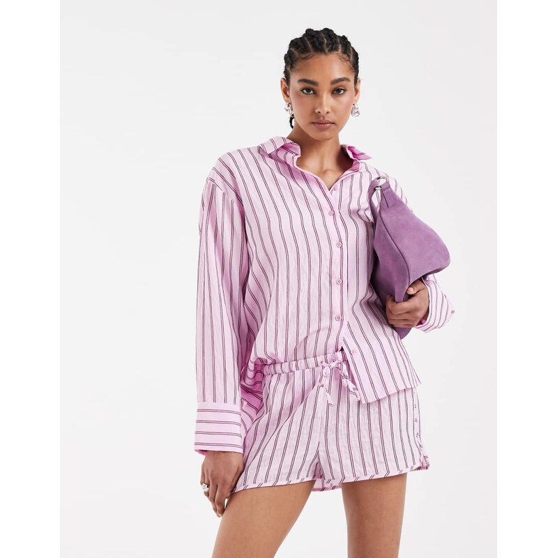 ASOS DESIGN oversized shirt in pink stripe co ord-Multi 115723519
