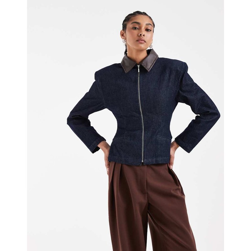 ASOS DESIGN denim cinch zip through jacket in indigox-Blue 115723526