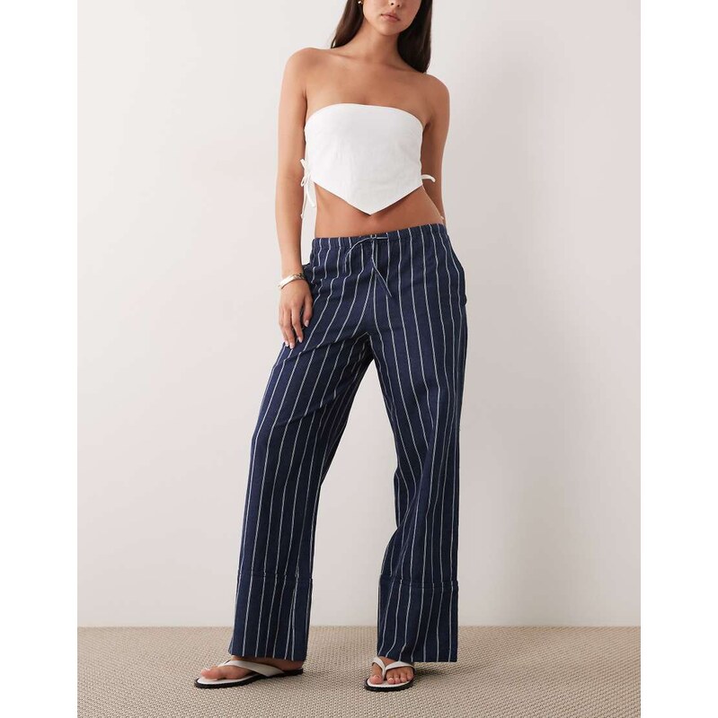 Mango 100% cotton straight tie waist trouser in navy stripe-Blue