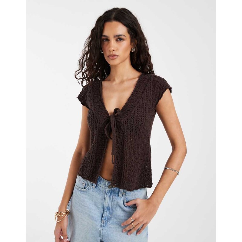 Hollister tie front knitted babydoll top in brown 115730921