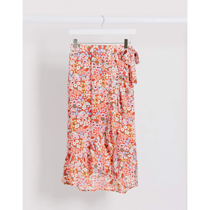 Monki Mary-lou floral print frill wrap midi skirt in red 115718491