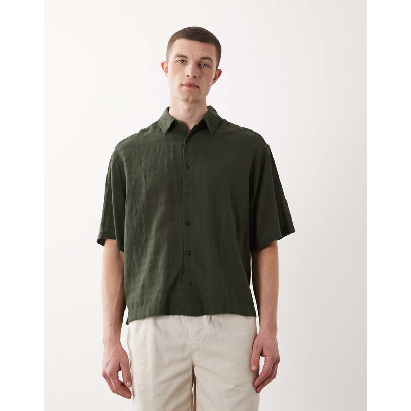 ASOS DESIGN boxy oversized shirt with linen in dark green