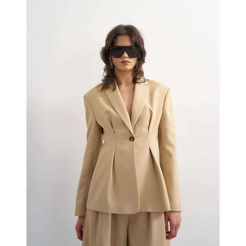 Topshop co ord extreme cinched waist blazer in beige-Green 115718964