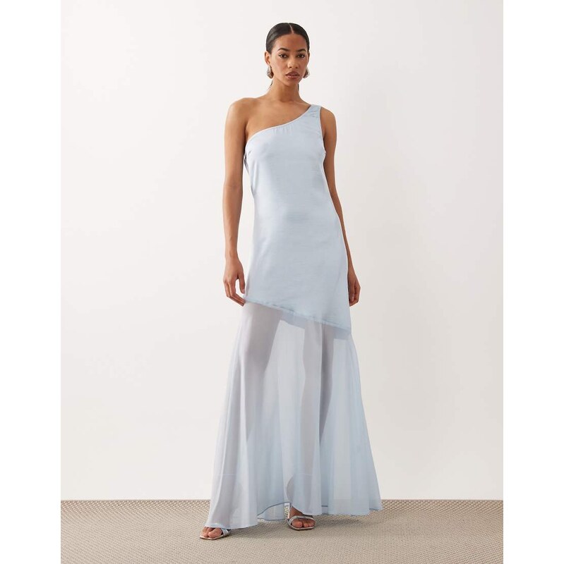 TFNC satin one shoulder cowl back chiffon maxi skirt in light blue 115719013