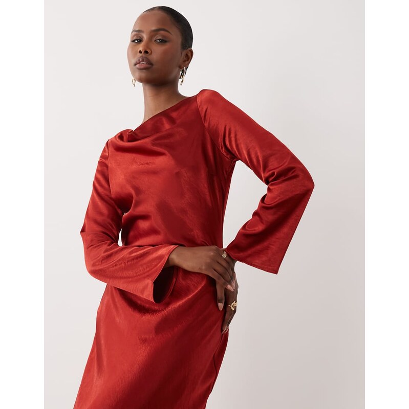 TFNC satin flared long sleeve maxi dress in bright red 115719014