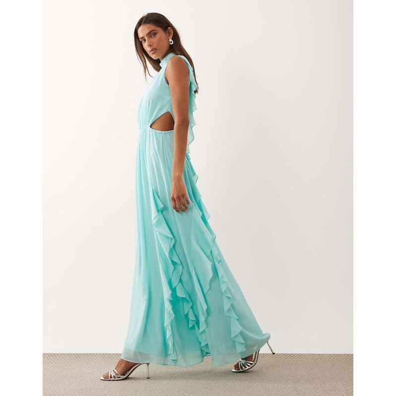 TFNC ruffle detail high neck maxi dress with open back and thigh