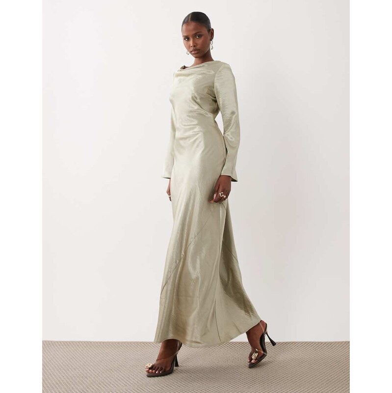 TFNC satin flared long sleeve maxi dress in light olive-Green 115719017