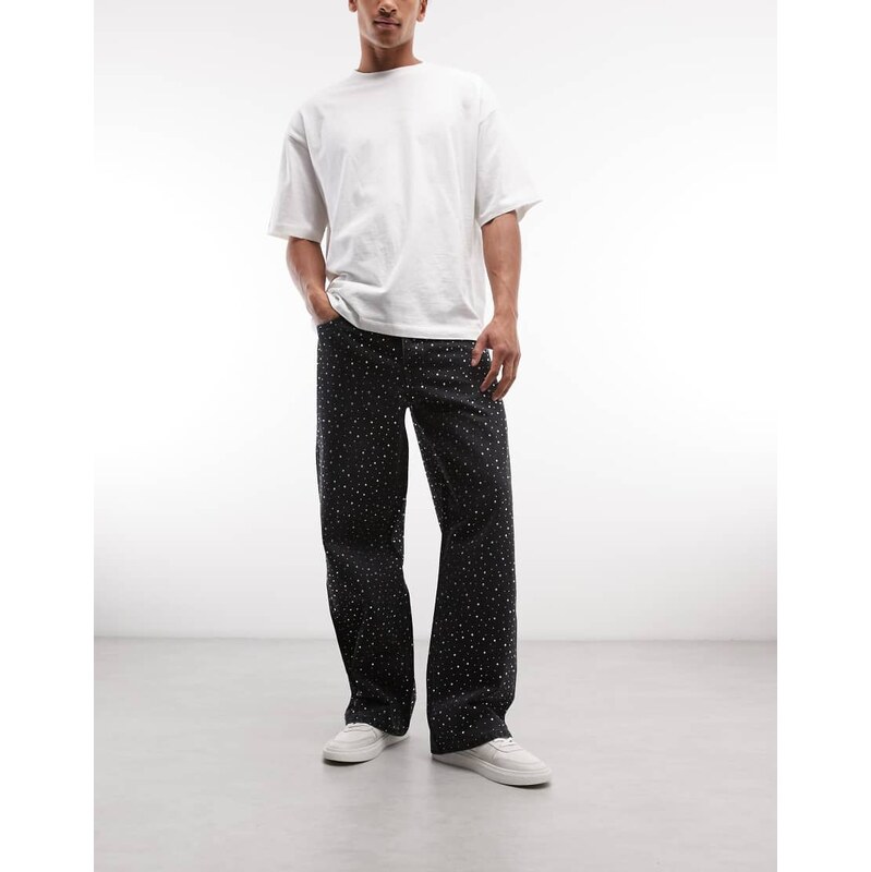 Cernucci baggy fit rhinestone embellished jeans in black wash