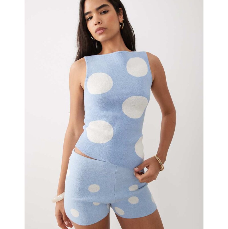ASOS DESIGN knitted asymmetric top co-ord in blue polka dot