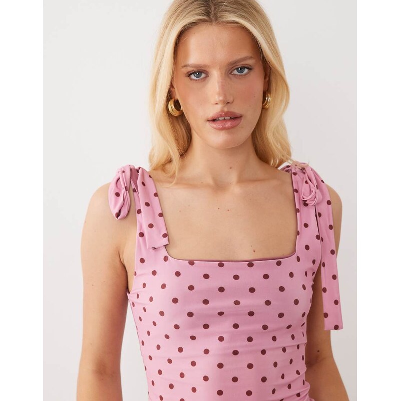 Miss Selfridge tie shoulder top in pink and brown polka dot print 115719121