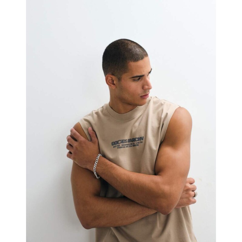 ASOS DESIGN oversized tank with text graphic in mocha-Neutral