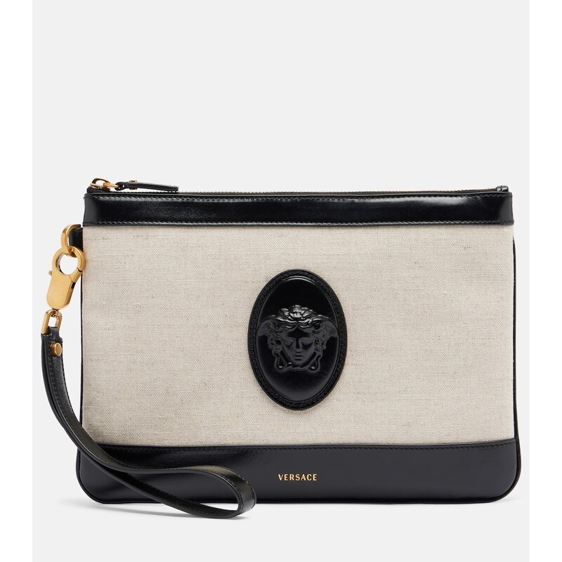 Versace RiviÃ¨re leather-trimmed canvas pouch