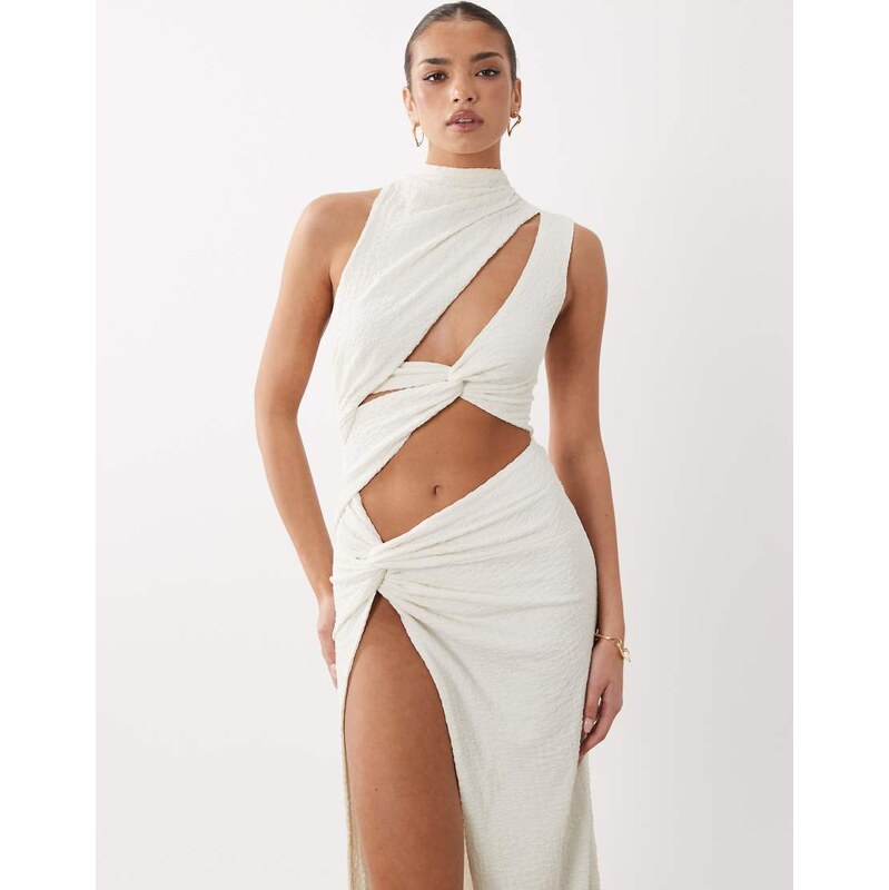 Noughts & Kisses textured high neck cut out thigh split maxi dress in 115723240