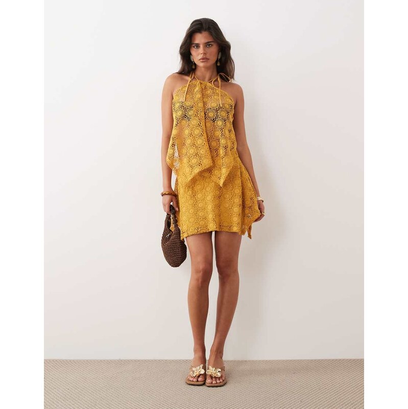 Noughts & Kisses crochet mini skirt co-ord in yellow