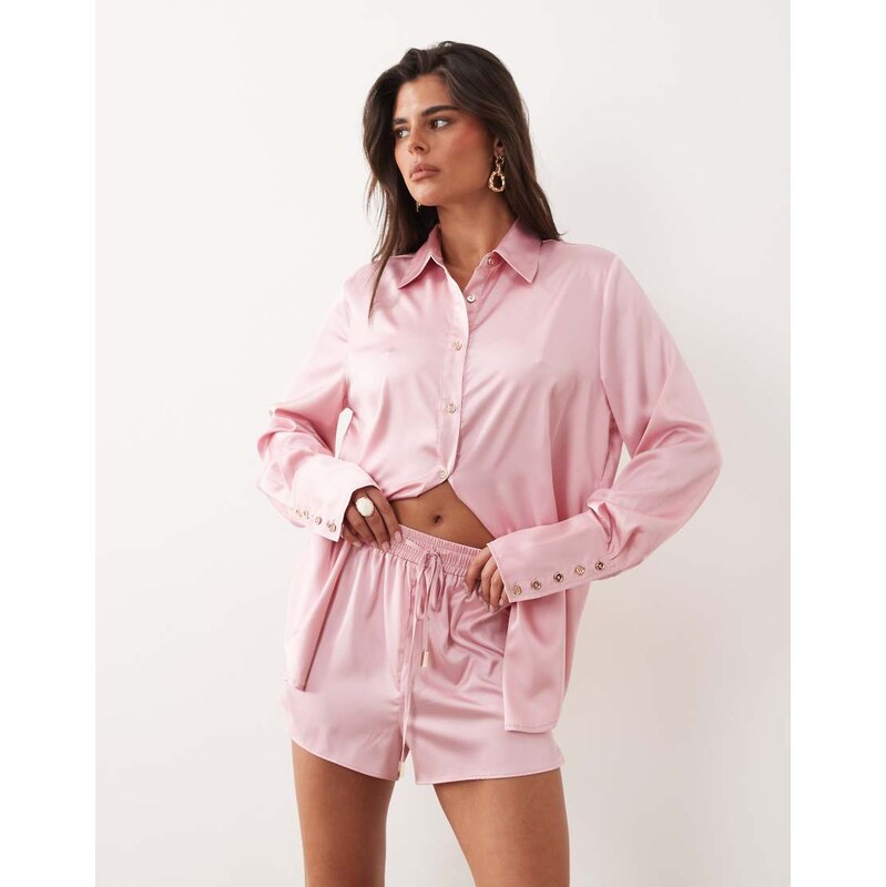 Noughts & Kisses satin tie waist shorts co-ord in pink 115723463