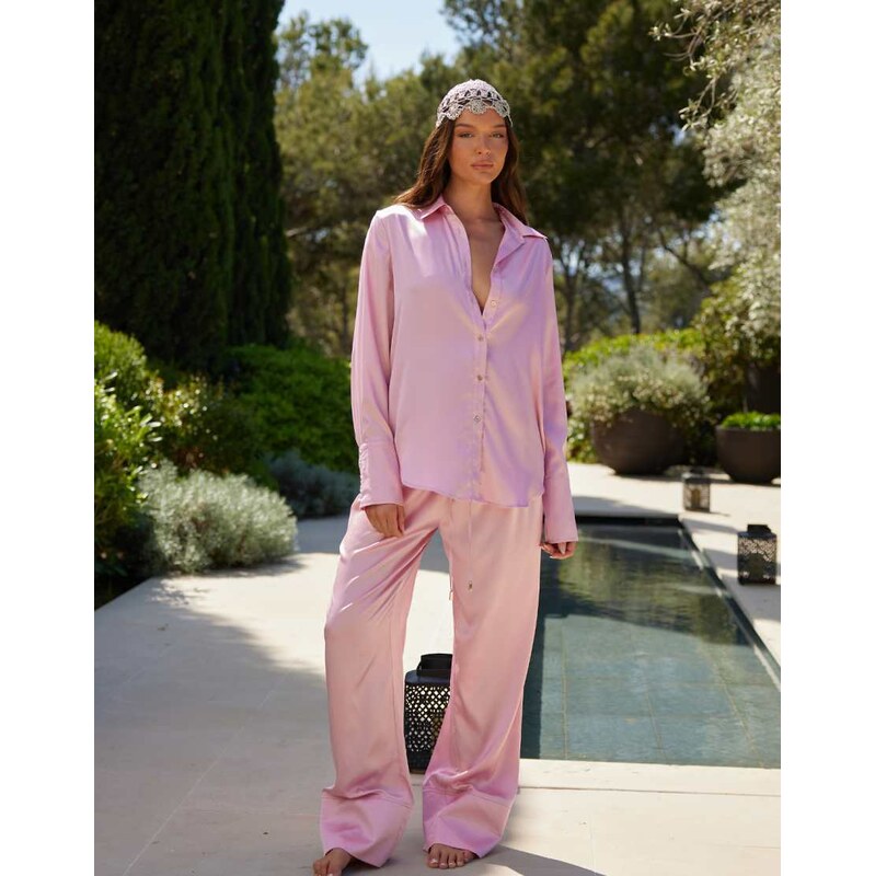 Noughts & Kisses wide leg satin trousers co-ord in pink