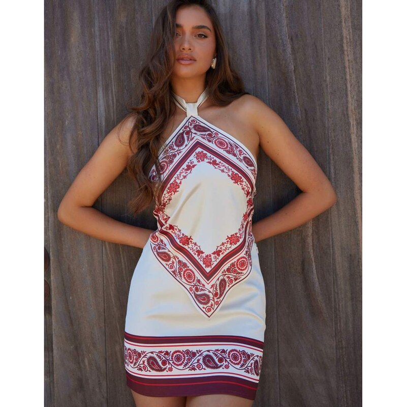 Noughts & Kisses satin mini skirt co-ord in cream and red print