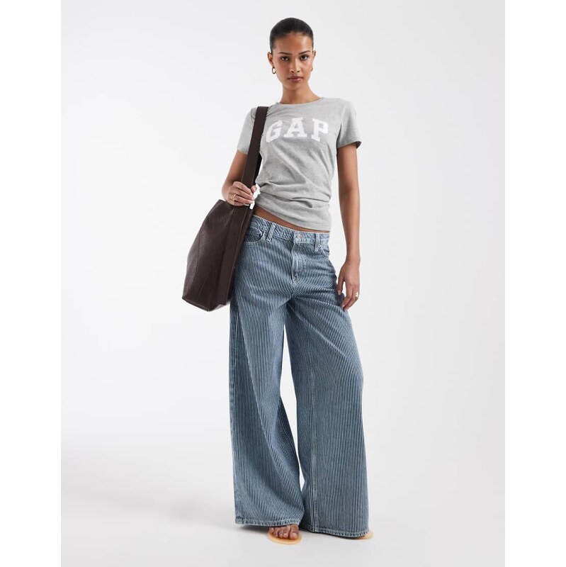 GAP mid rise wide leg jeans in blue pinstripe-Black 115723479