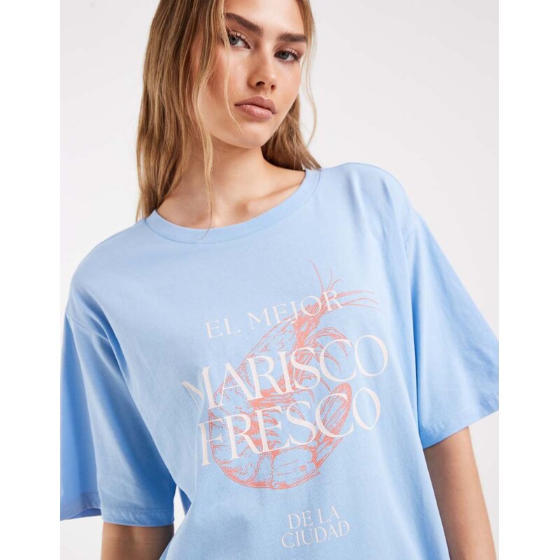 ONLY oversized t-shirt with fresco graphic in pale blue 115723496