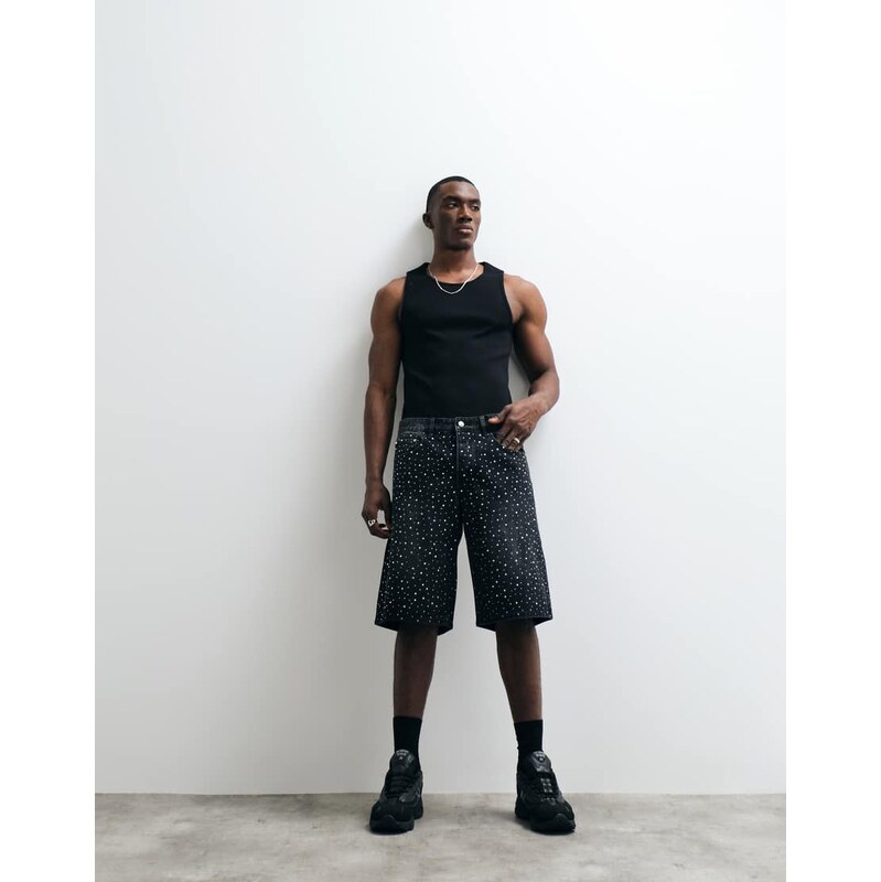 Cernucci rhinestone embellished jorts in washed black