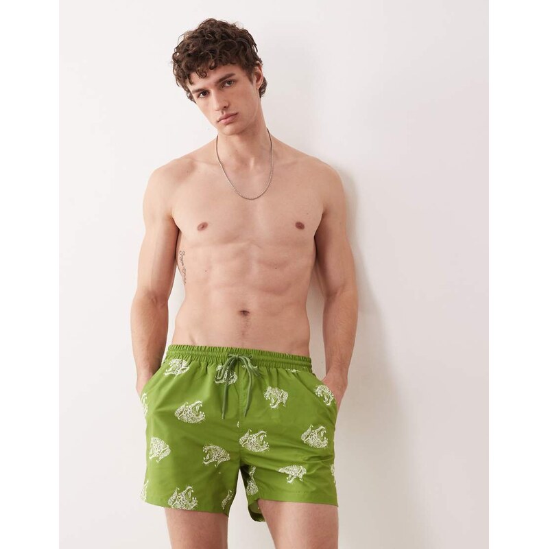 South Beach leopard motif swim short in khaki-Green