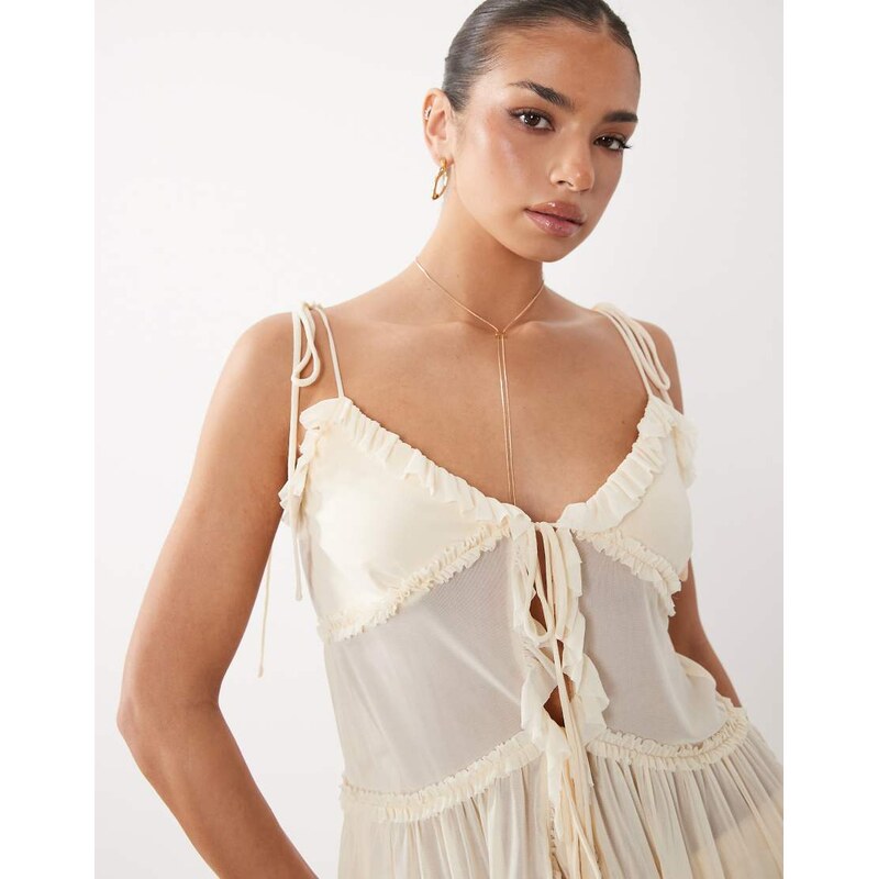 Rare London babydoll strappy chiffon cami top co-ord in cream-White 115723235