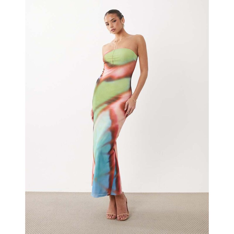 Rare London mesh bandeau slinky maxi dress in multi butterfly print 115723237