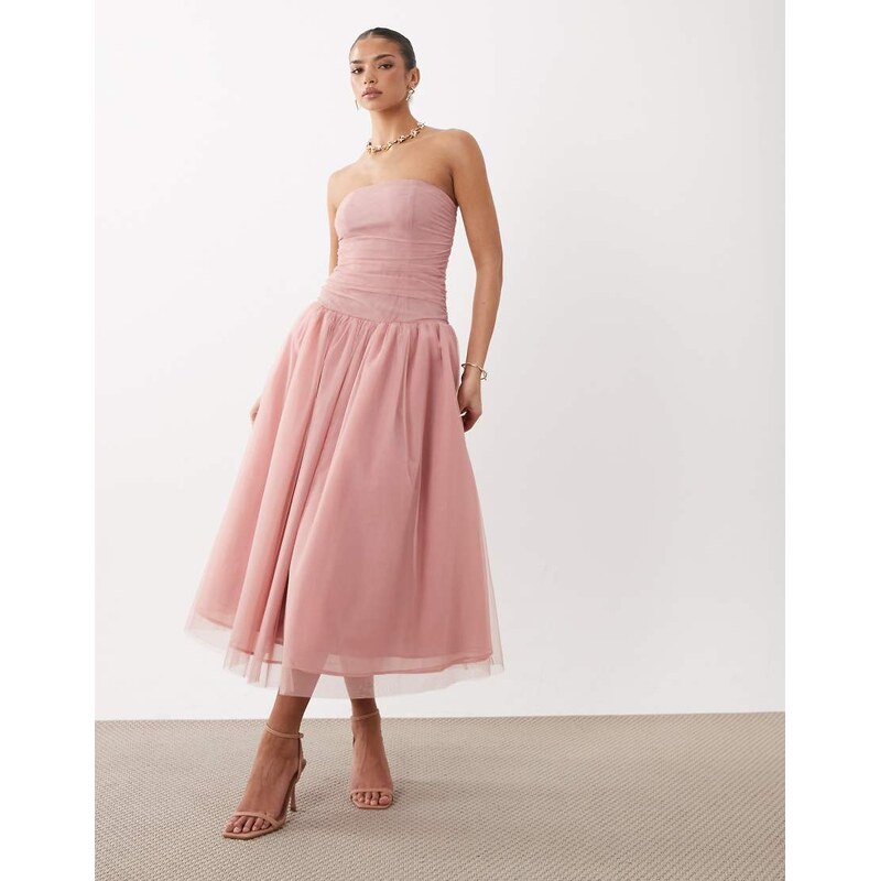 Rare London bandeau ruched tulle midaxi dress in light pink