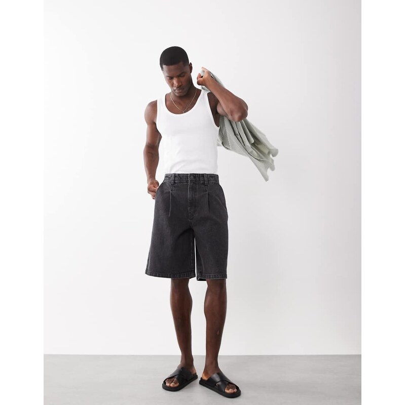 ASOS DESIGN loose denim stripe jorts in washed black with pleats