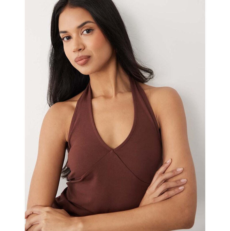 ASOS DESIGN cotton plunge halter top in brown-Blue 115723430