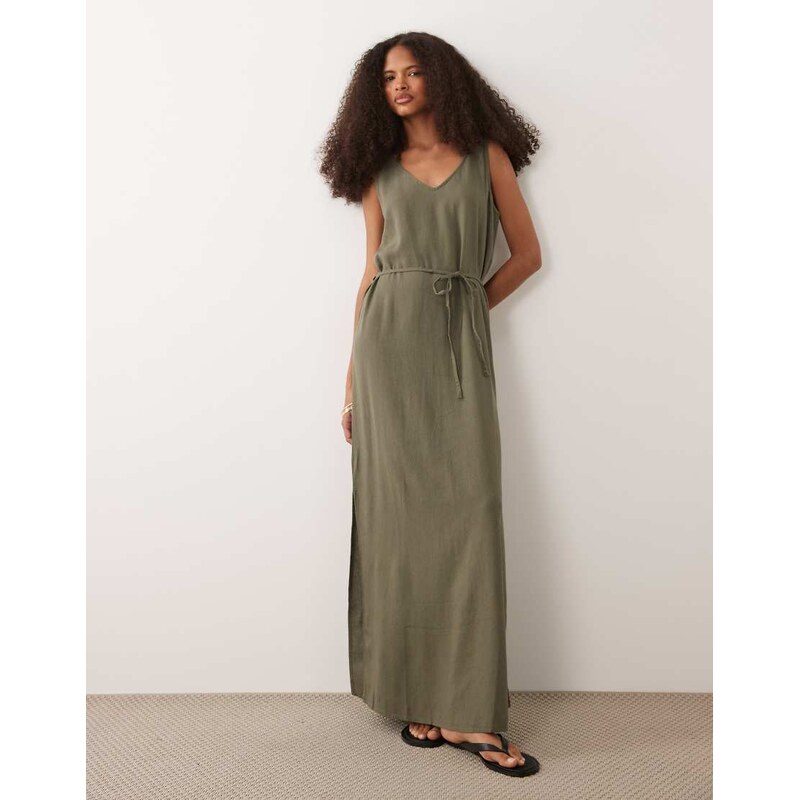 JDY tie waist linen blend maxi dress in khaki-Green