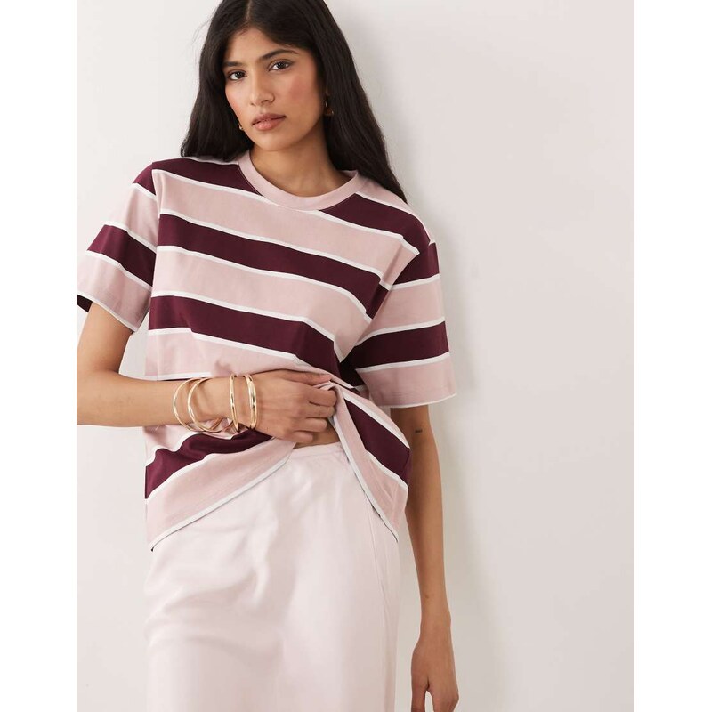 Nobodys Child boxy fit t-shirt in pink and burgundy stripe-Red 115723481