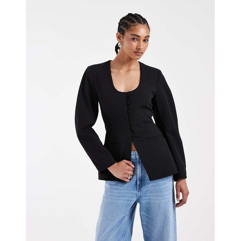ASOS DESIGN deep scoop neckline cinch blazer in-Black 115723495