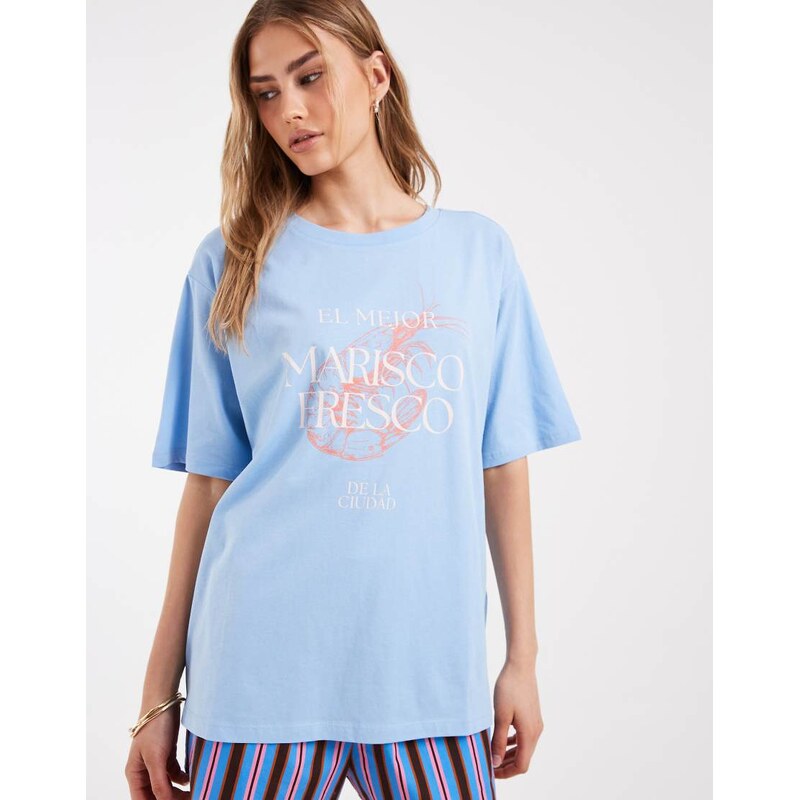 ONLY oversized t-shirt with seafood graphic print in pale blue