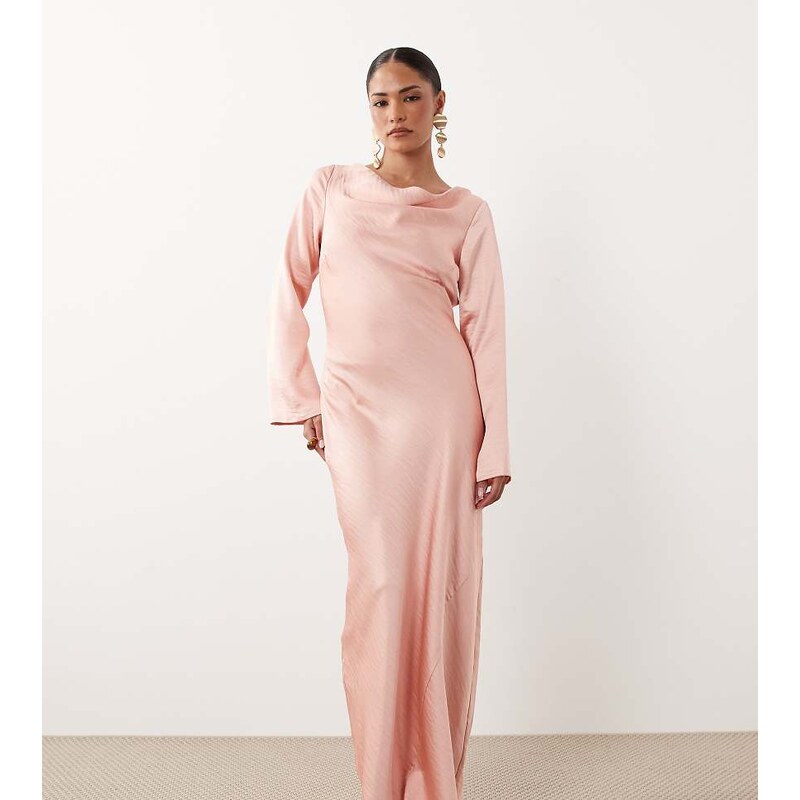 TFNC Petite satin flared long sleeve maxi dress in baby pink 115723499