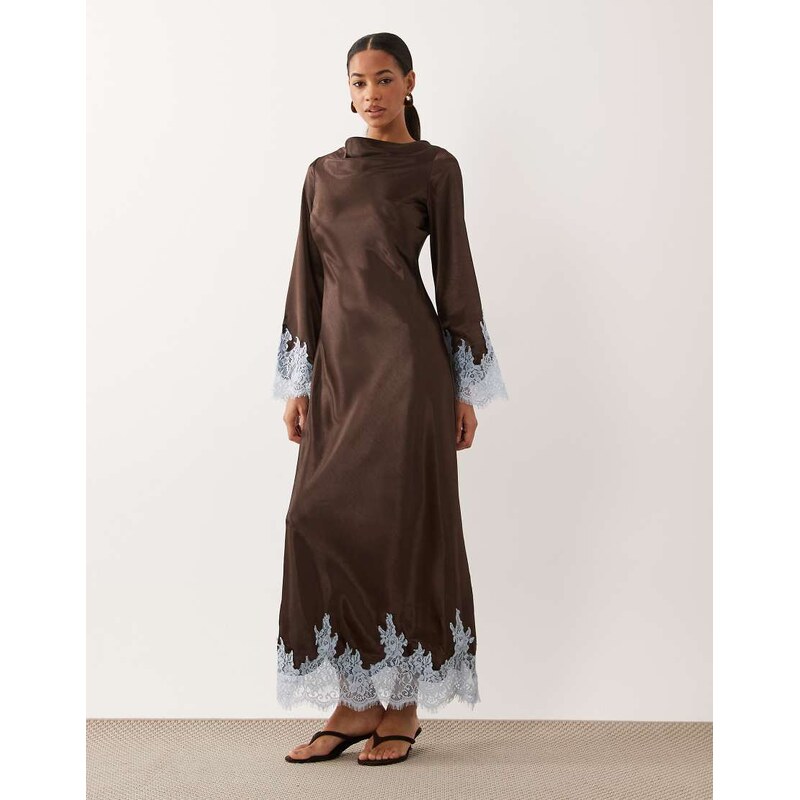 TFNC satin cowl neck contrast lace trim bell sleeve maxi dress in 115723500