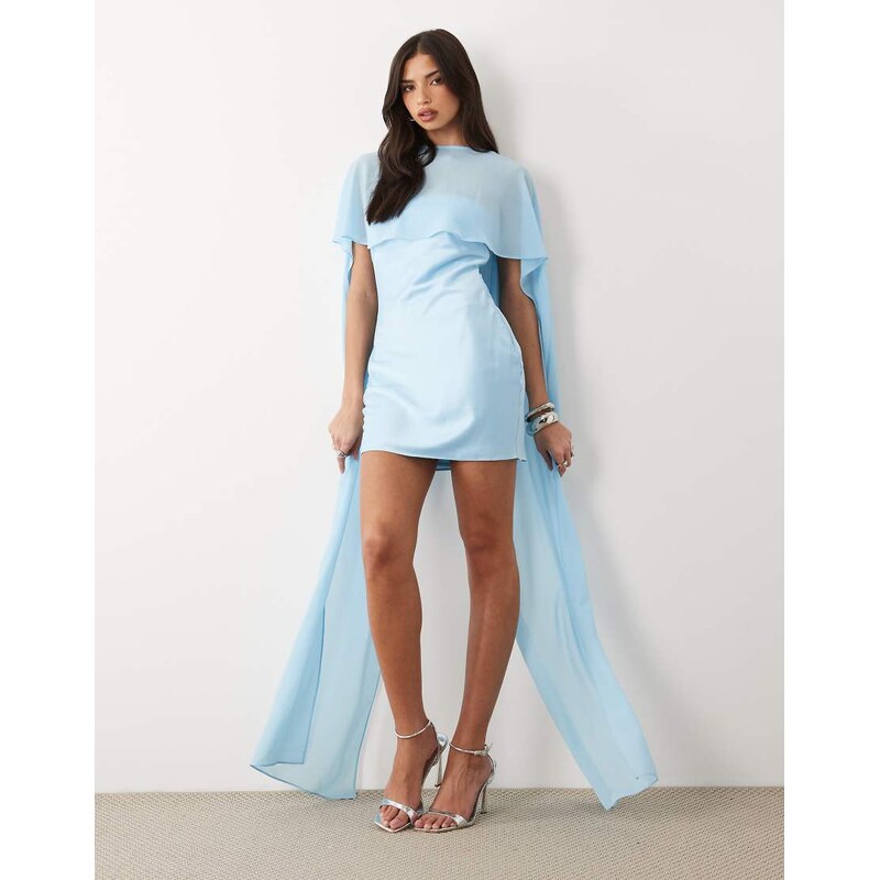TFNC satin mini dress with mesh cape in baby blue 115723505