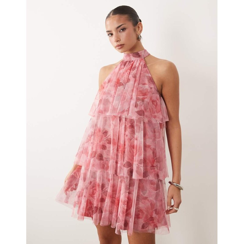 Lace & Beads tulle high neck layered mini dress in dark pink rosey 115723528