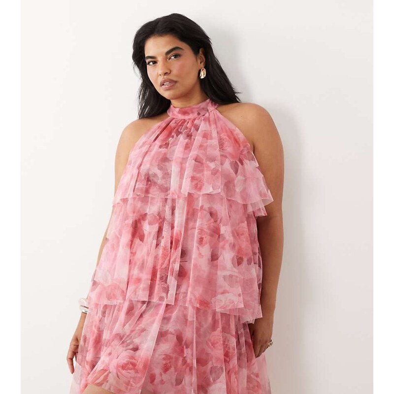 Lace & Beads Plus tulle high neck layered mini dress in dark pink 115723529