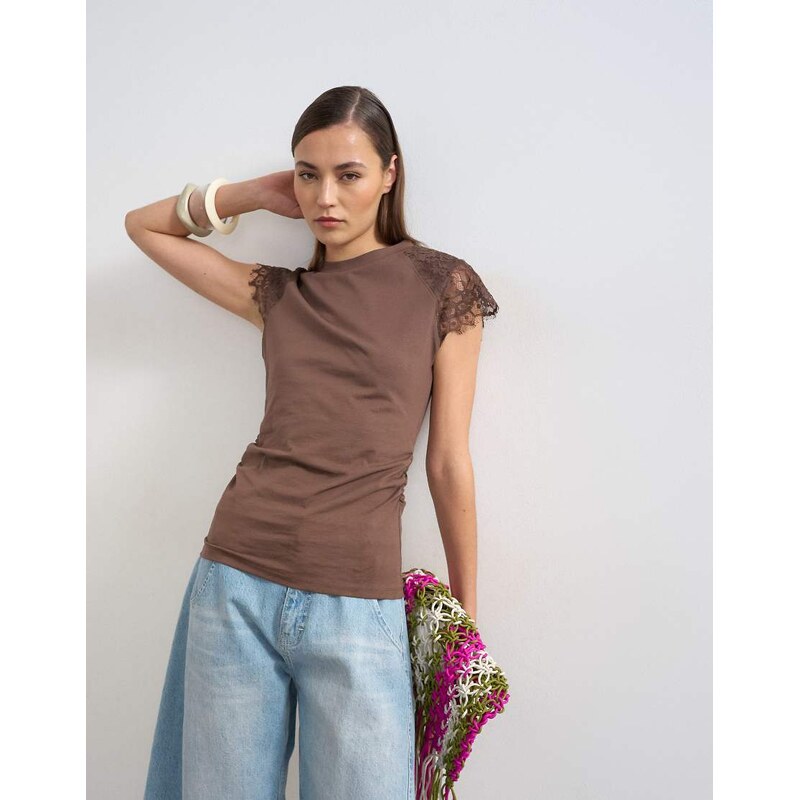 Topshop lace detail cap sleeve tee in chocolate-White