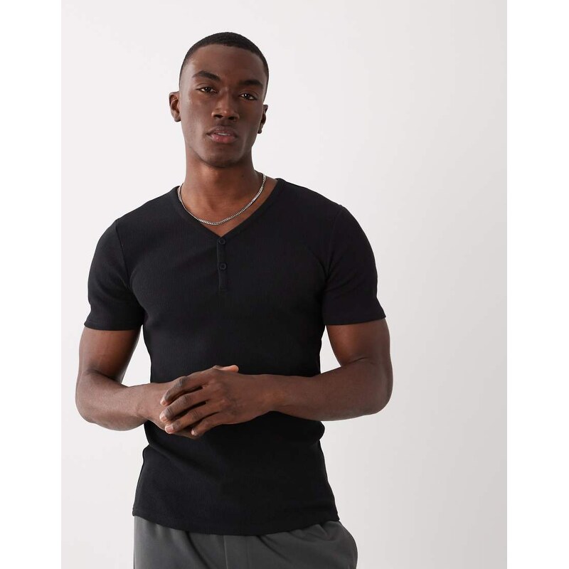 ASOS DESIGN muscle fit t-shirt with henley neck in black rib