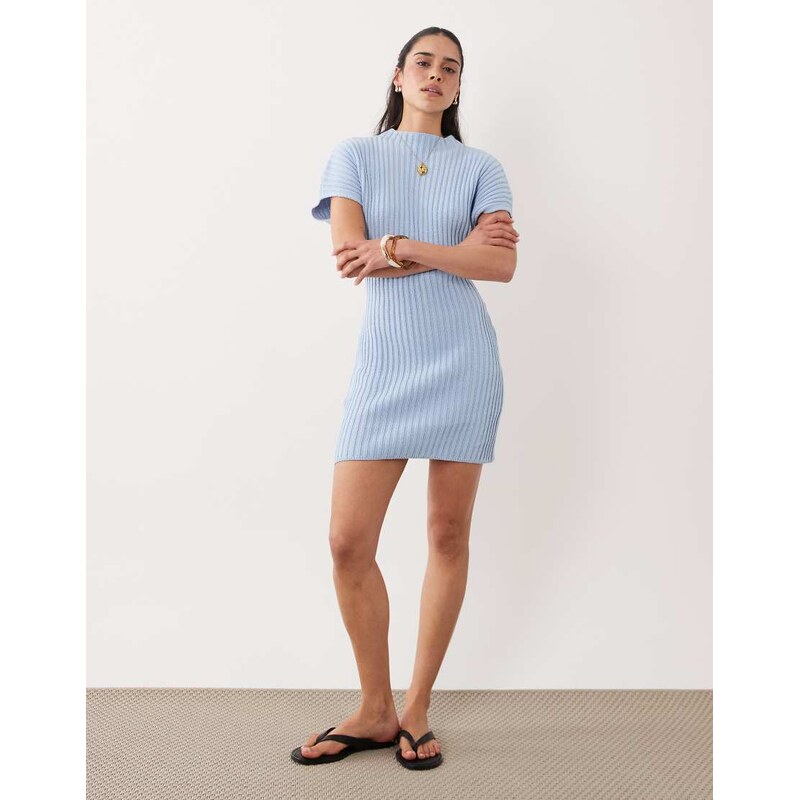 ASOS DESIGN knitted cinched pleated mini dress in blue