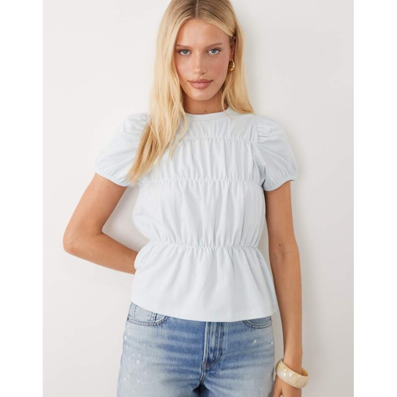 ASOS DESIGN shirred crepe puff sleeve top in light blue