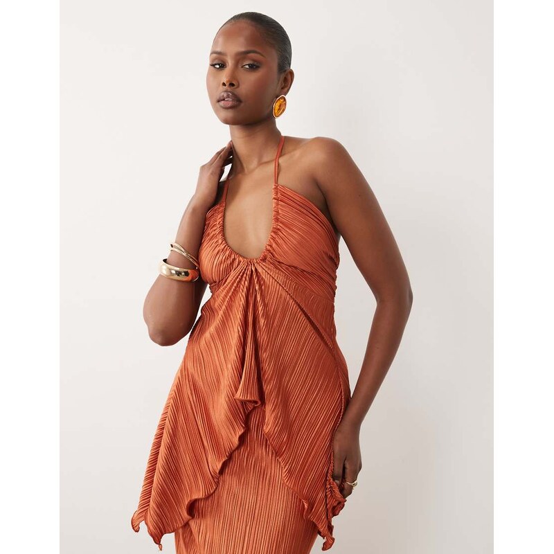 ASOS DESIGN co-ord plisse floaty bandeau halter top in rust-Orange 115723547