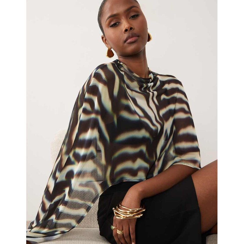 ASOS DESIGN sheer mesh high low cape top in zebra print-Multi 115723550