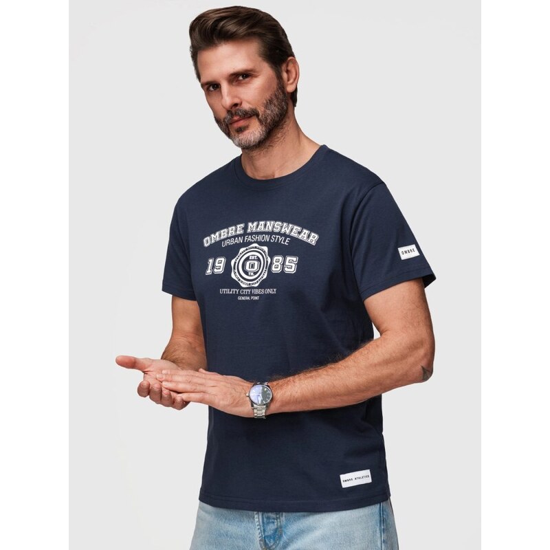 Ombre Clothing Zajímavé modré tričko s potiskem v3 TSPT-0269