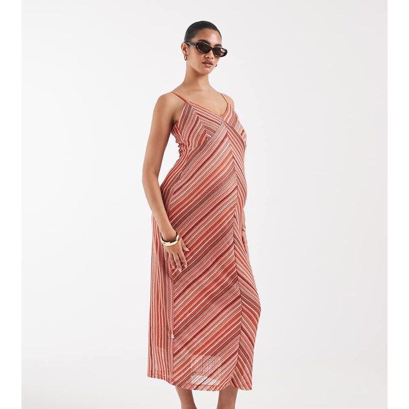 Vero Moda Maternity chevron knitted crochet cami midi dress in pink 115730651