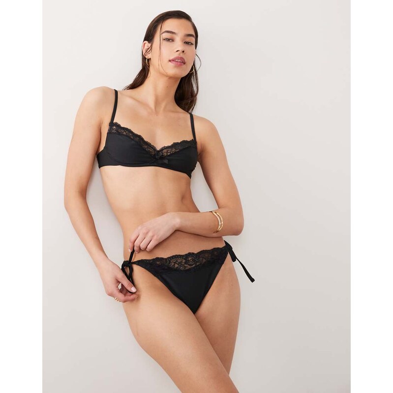 Miss Selfridge lace trim tie side bikini bottom in black